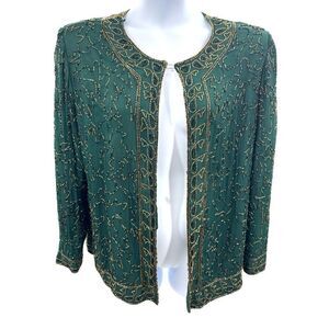 Vintage JMD New York Beaded Jacket Green Gold Black Open Front Top Size Large